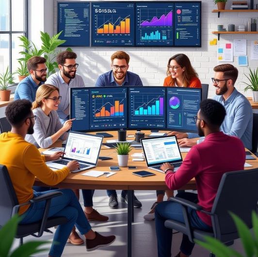 programmers collaborating around a shared digital dashboard